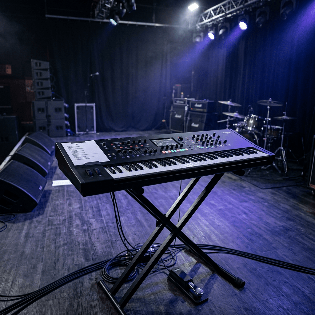 Keyboard synthesizer on stand with drums and amplifiers behind
